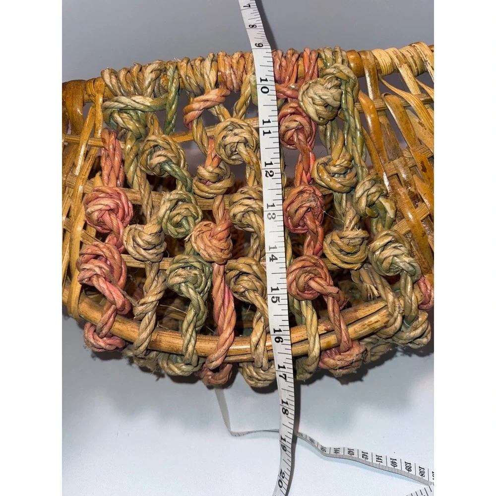 Vintage Wicker Wall Pocket Basket Knotted Rope Detail Crescent Half‎ Moon Brown